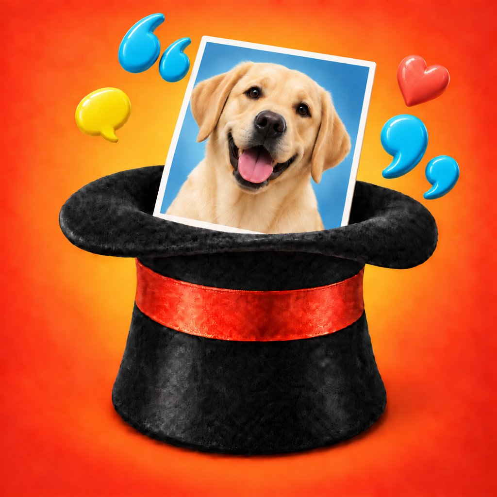 Caption Magic app icon: a yellow Labrador emerging from a magician’s hat.