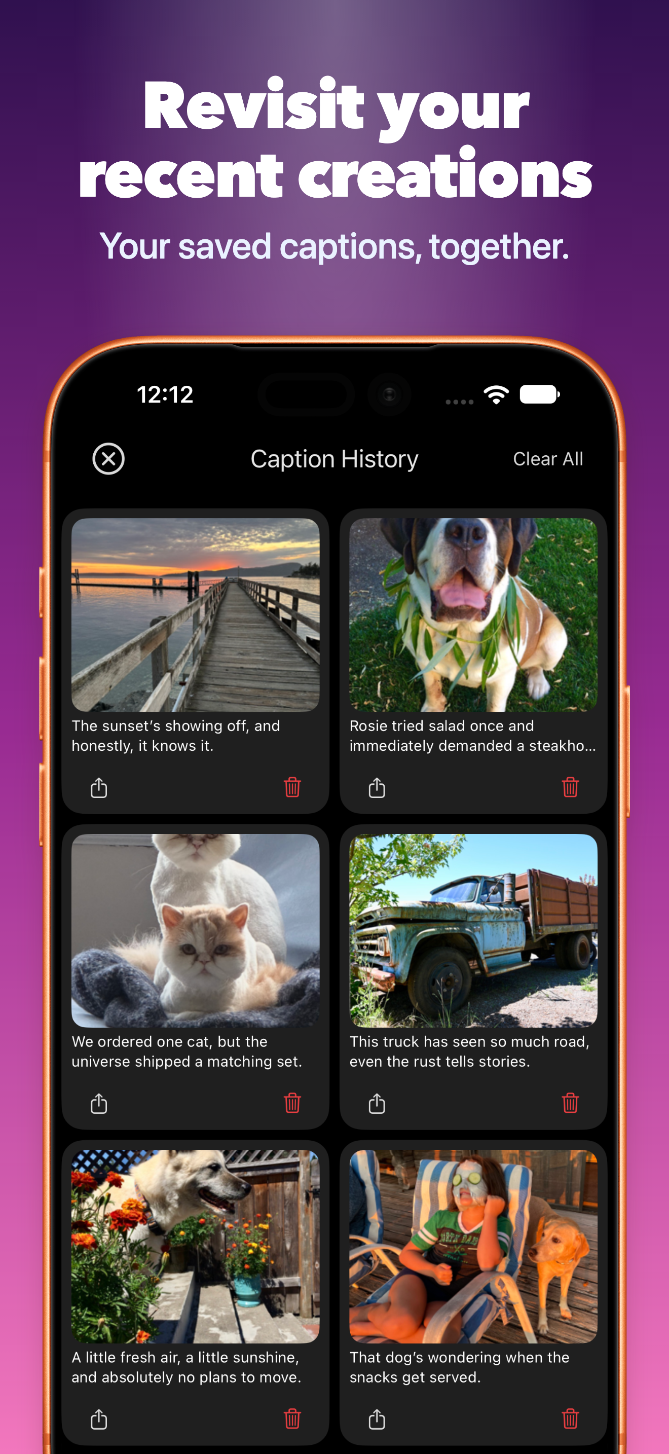 Revisit recent creations together in Caption Magic History.