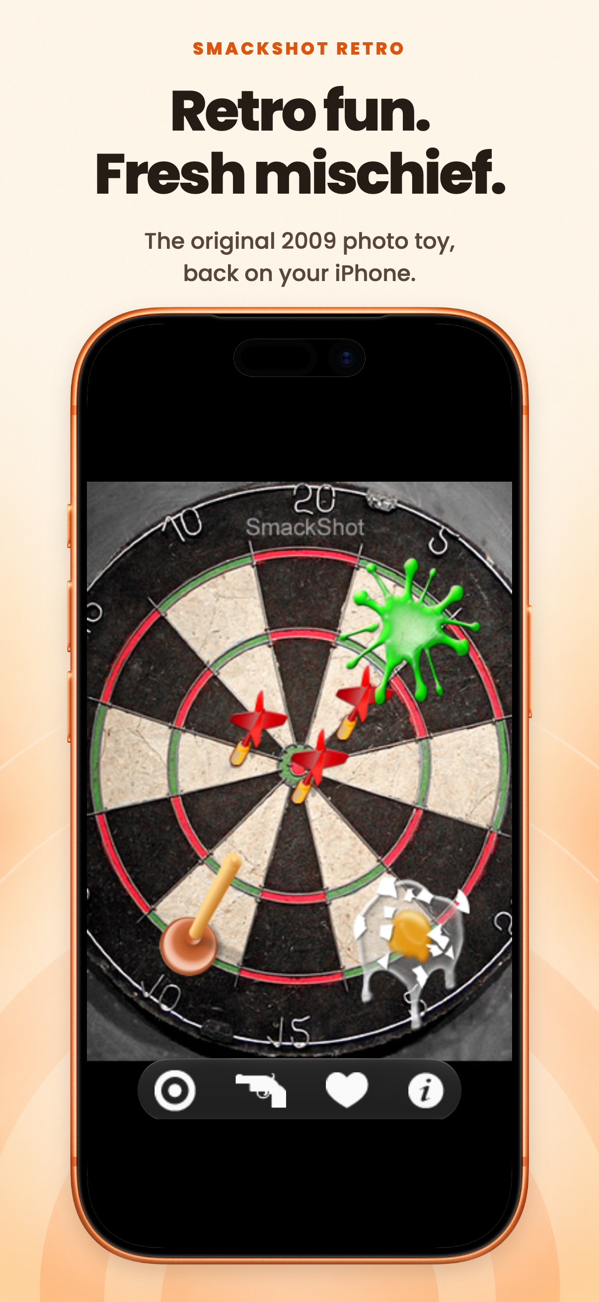 Retro fun. Fresh mischief. SmackShot shows hearts, flowers, confetti and a bow on the original bullseye background inside the official orange iPhone 17 Pro frame.