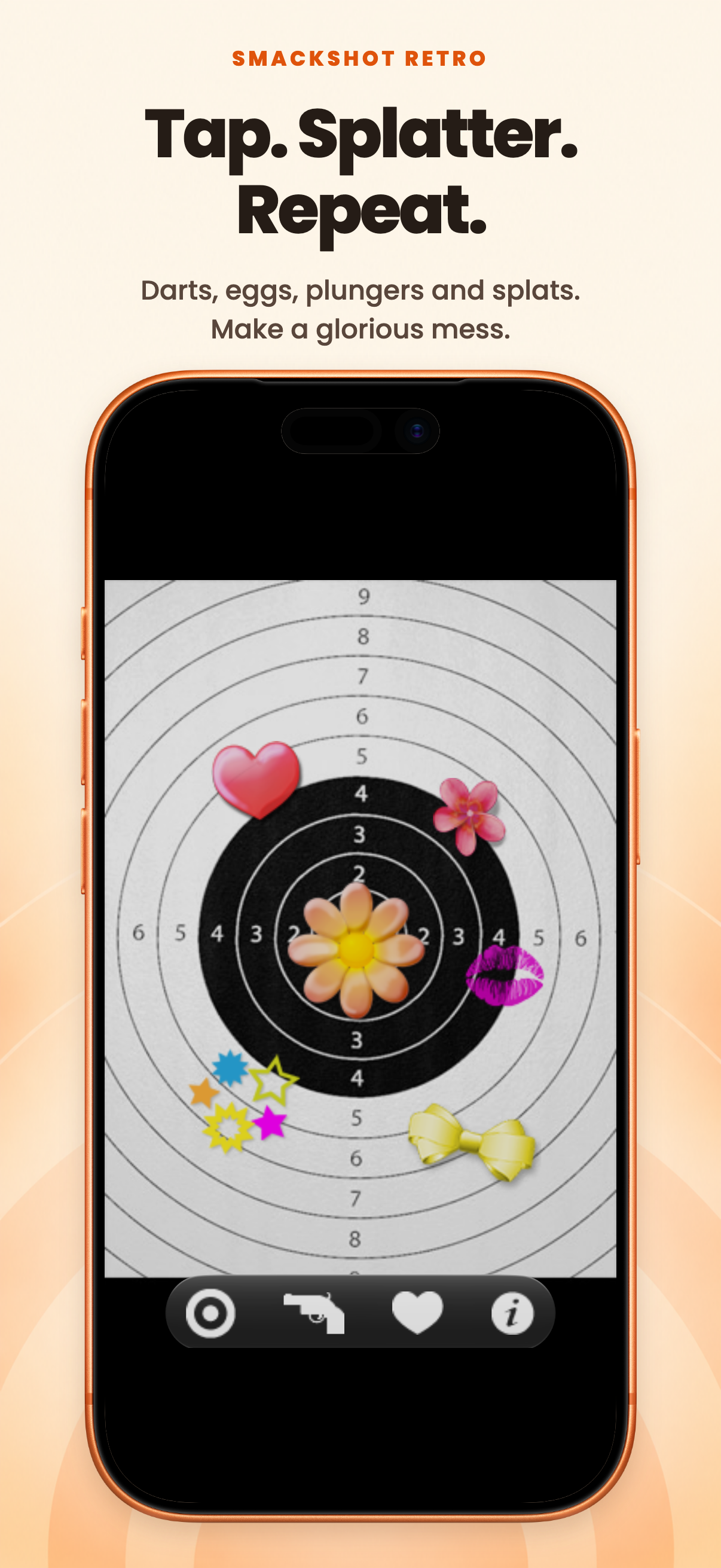 Tap. Splatter. Repeat. SmackShot shows darts, a plunger, a cracked egg and a green splat on the original dartboard inside the official orange iPhone 17 Pro frame.