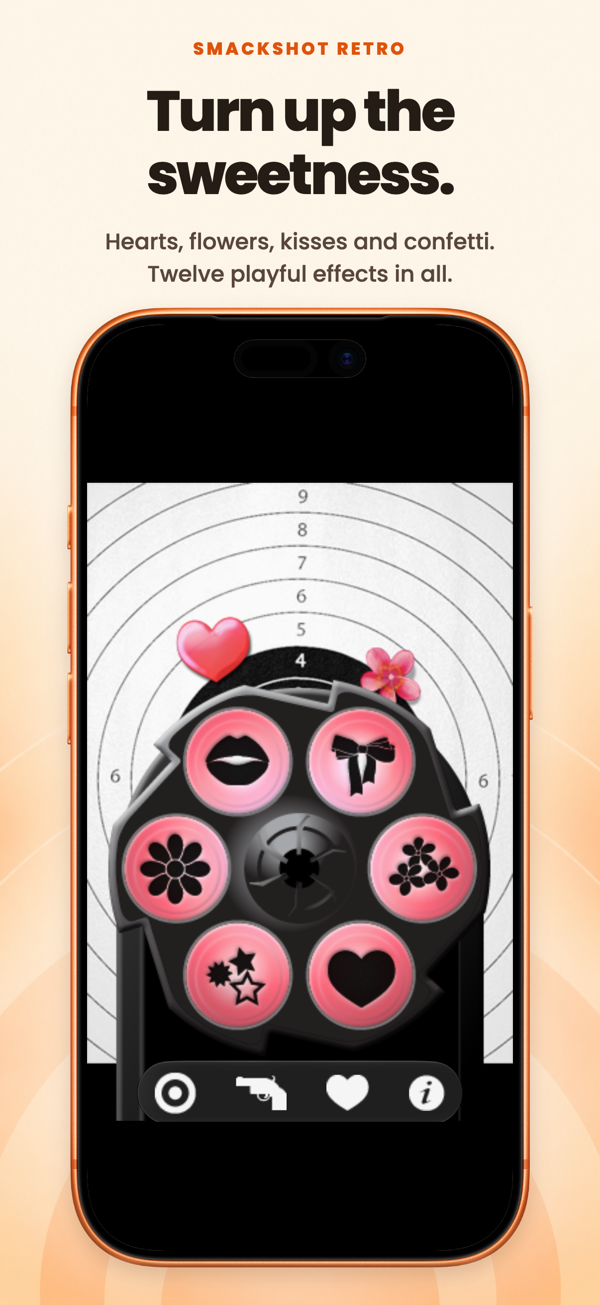 Turn up the sweetness. SmackShot shows the original effect palette with kisses, bows, flowers, confetti and hearts inside the official orange iPhone 17 Pro frame.