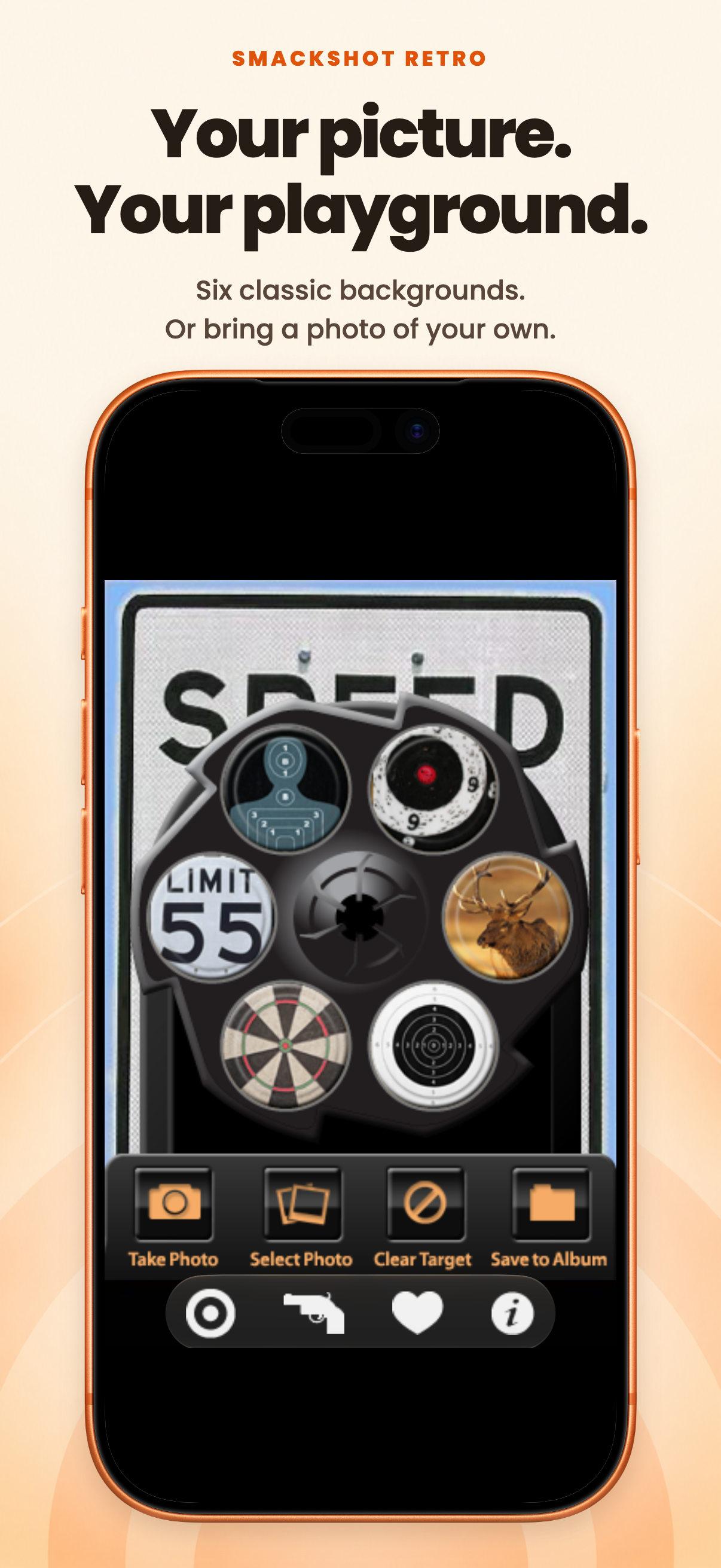 Your picture. Your playground. SmackShot shows the six-background chooser and photo controls inside the official orange iPhone 17 Pro frame.