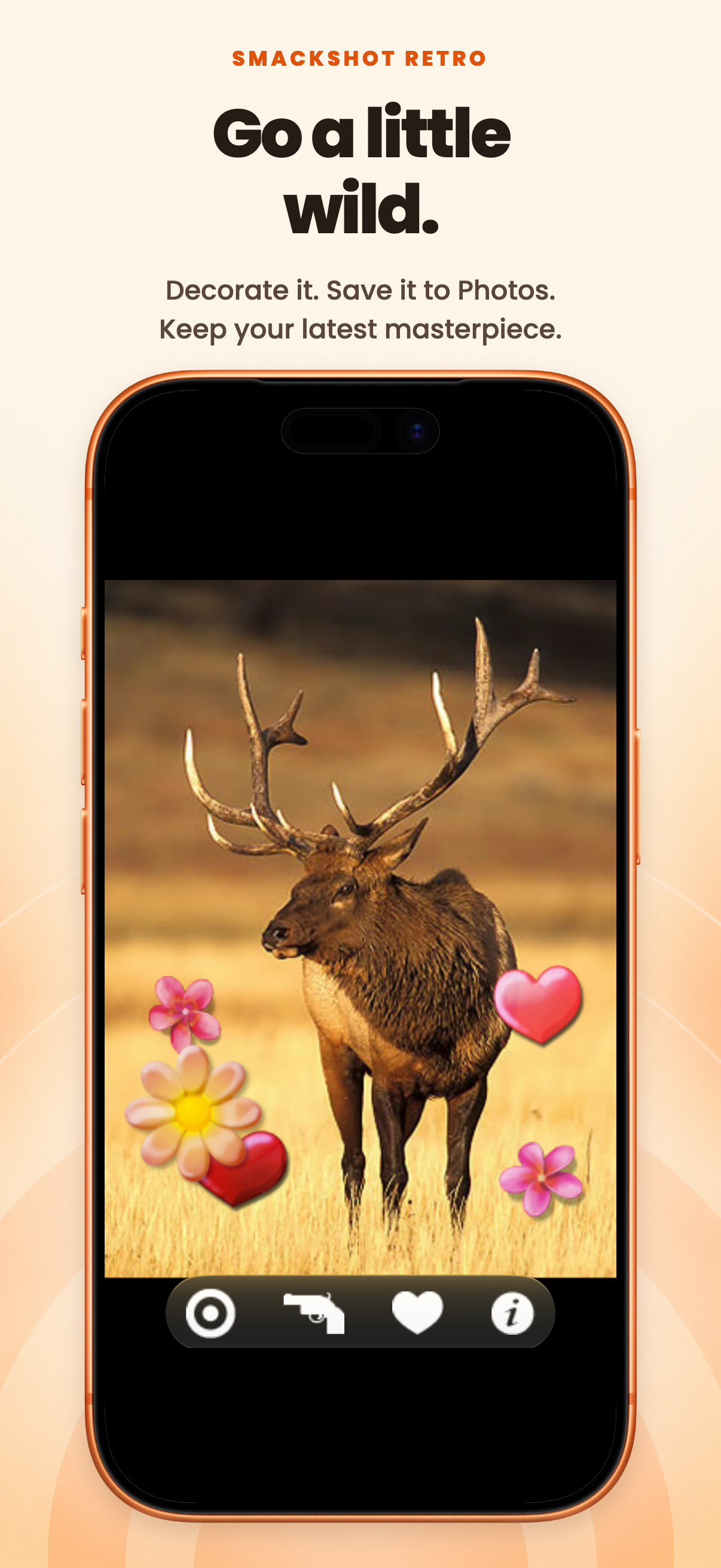 Go a little wild. SmackShot shows an elk picture decorated with hearts and flowers inside the official orange iPhone 17 Pro frame.